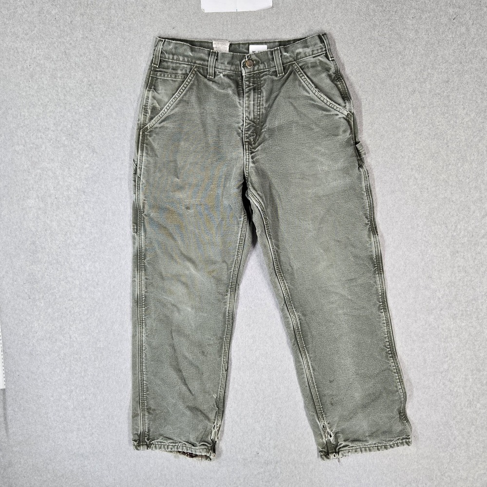 VINTAGE Carhartt Men Pants 30X30 Green Denim Cargo Carpenter Flannel Lined READ
